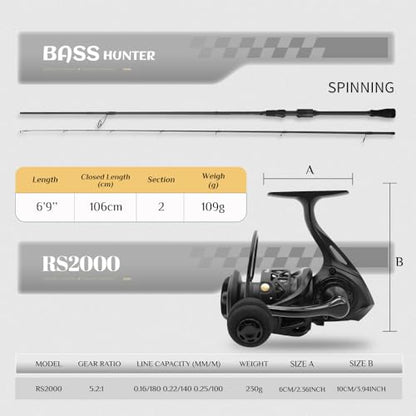 ROOBLINOS BASS Hunter Fishing Rod and Spinning Reel Combo 6.9ft Lightweight Carbon Fiber Fishing Pole Set Freshwater & Saltwater Bass Trout and Panfish Lakes Rivers Fishing - color: BASS HUNTER+RS2000