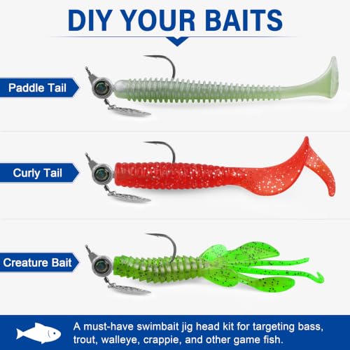 Underspin Jig Heads, 12pcs Crappie Jig Heads Swimbait Jig Heads with Spinner Blade 3D Eyes Fishing Jig Heads Hooks for Soft Plastic Swimbait Bass Walleye Trout Fishing 1/8oz 1/4oz 3/16oz 3/8oz - size: 3/16oz-12pcs