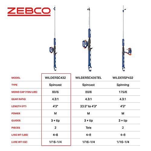 Zebco Wilder Fishing Reel and Rod Combo, 4'3" Durable Fiberglass Rod with Built-In Carabiner, Patented No-Tangle Reel, Pre-Spooled with 6-Pound Zebco Cajun Fishing Line - style: Spincast Reel - 2pc Rod