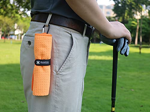 Handy Picks Microfiber Golf Towel (16" X 16") with Carabiner Clip, Waffle Pattern Golf Towel Hook and Loop Fastener - The Convenient Golf Cleaning Towel - color: Orange