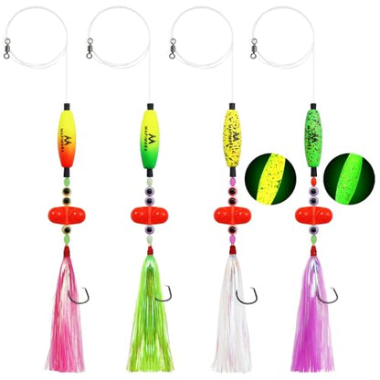 4Pcs Catfish Rigs Ready Kit, Pre-Rigged Float Rigs with Glow Floats & Flash Teaser, Dual Rattling Beads & Strong Circle Hooks, Adjustable for Freshwater and Saltwater Night Fishing