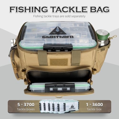 Ghosthorn Fishing Tackle Bag with Rod Holder Saltwater & Freshwater Resistant Large Tackle Box Bag - Adjustable Padded Shoulder Strap (Khaki) - color: Khaki, size: Large
