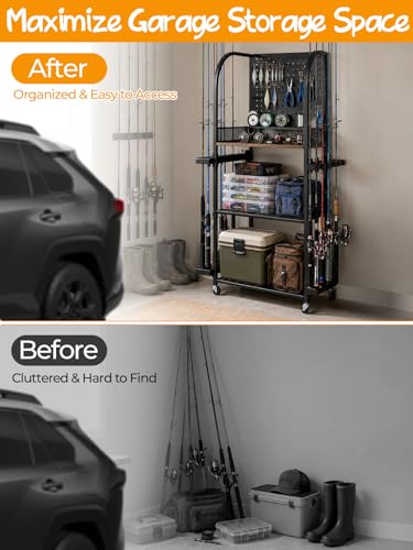 Fishing Rod Holders for Garage, Fishing Rod Rack Holds Up to 12 Rods, Rolling Fishing Pole Storage Organizer with Pegboard, Hooks & Wheels, Fishing Gear Organizer for Tackle Boxes, Reels & Accessories
