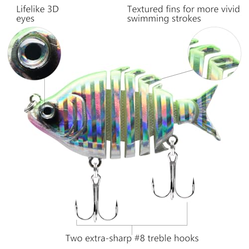 Bassdash SwimPanfish 0.34oz Hard Swimbaits Multi Jointed Topwater Trout Bass Fishing Crank Lure for Freshwater and Saltwater - color: Green/Silver
