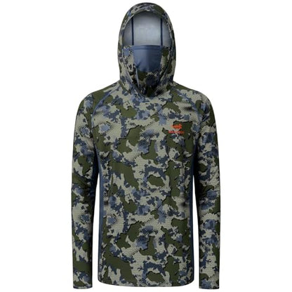 BASSDASH Men's UPF 50+ Camo Long Sleeve Hunting Fishing Hoodie Shirt - color: Green Vegetation Camo With Ash Blue Mesh, size: Small