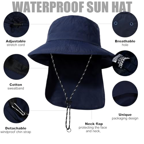Waterproof Sun Rain Hat for Women Wide Brim UPF50+ UV Protection Packable Men Bucket Safari Fishing Hat with Neck Flap - color: Navy Blue