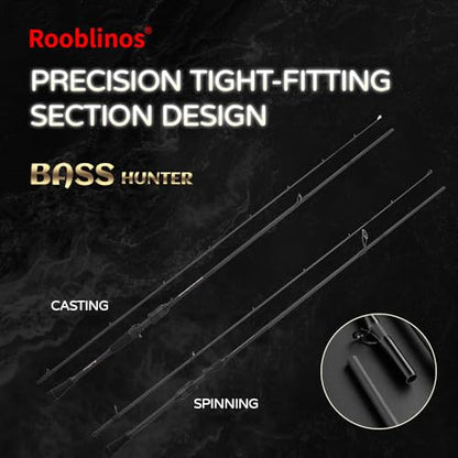 ROOBLINOS BASS Hunter 6.9ft Casting Spinning Freshwater Saltwater Rod Heavy Power Fast Action Fishing Pole 2-Piece Black Lightweight Sensitive Graphite Rod for Bass & Pike Lake River Boat Fishing