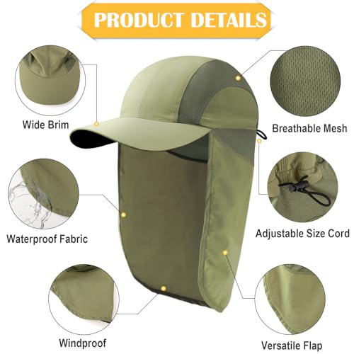Mens Sun Hat with Breathable Mesh Sun Hats for Men Sun Protection Fishing Hat with Neck Flap for Hiking Cycling - color: Green
