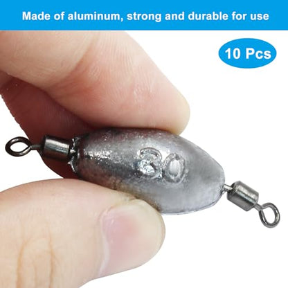 Uenhoy Fishing Weights Inline Trolling Fishing Sinker Tackle with Inner Swivels, Oval Drop Casting Fishing Weight Sinkers - size: 1 oz, 10pcs