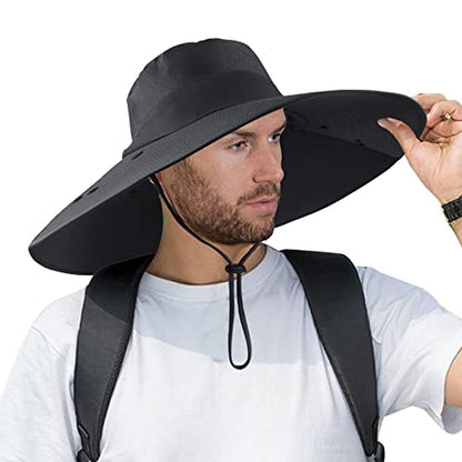 Super Wide Brim Fishing Hat UPF 50+ Sun Safari Hat with Removable Neck Face Flap - color: Black