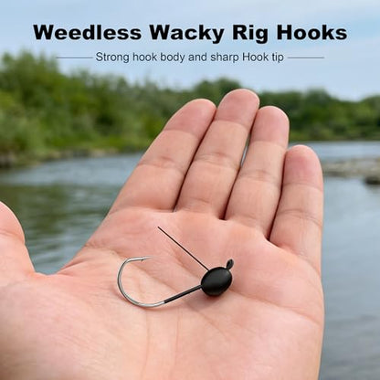 12Pcs Weedless Wacky Rig Hooks for Bass Fishing – Weighted Mushroom Jig Heads with Wide Gap Hook for Senko Worms & Soft Baits 1/16 1/8 3/16oz - size: Mixed size-12Pack