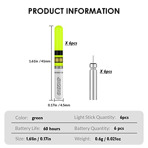 QualyQualy Fishing Glow Sticks, 6 Pcs LED Glow Sticks for Fishing with Batteries, Night Fishing Light Up Fishing Bobbers Floats and Rod Tips - color: Green-6pcs