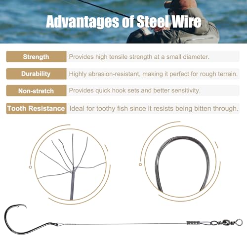Circle Hooks Rigs, 15pcs Fishing Leader Rigs with Steel Leader Wire and Circle Hooks 1/0 2/0 3/0 4/0 5/0 6/0 7/0 8/0 9/0 10/0 for Bass, Catfish Fishing - size: 8/0