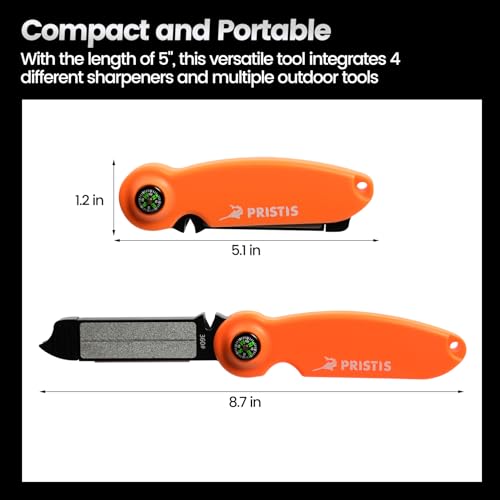 Pristis UltraGrit Pro Survival Knife Sharpener, 9 in 1 Outdoor Kit, Multi Gear with Fire Starter Whistle Compass, Hunt Fish Camp Hike Adventure Tactical Tool, Portable Grinding File for Knife Hook
