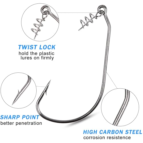 Twistlock Fishing Hooks,50pcs Bass Fishing Worm Hooks with Centering Pin Spring Unweighted Swimbait Hooks for Soft Plastics Lure Baits Saltwater Freshwater Size 1/0 2/0 3/0 4/0 5/0 - size: Size 5/0-50pcs