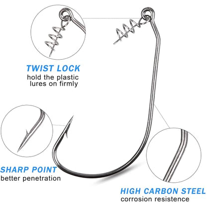 Twistlock Fishing Hooks,50pcs Bass Fishing Worm Hooks with Centering Pin Spring Unweighted Swimbait Hooks for Soft Plastics Lure Baits Saltwater Freshwater Size 1/0 2/0 3/0 4/0 5/0 - size: Size 2/0-50pcs