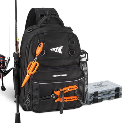 KastKing BaitSpace Fishing Sling Bag, Fishing Backpack with Rod & Beverage Holder, Tackle Bag for Fishing Gear - color: H: Black - with (2) 3600 tackle boxes, size: Large