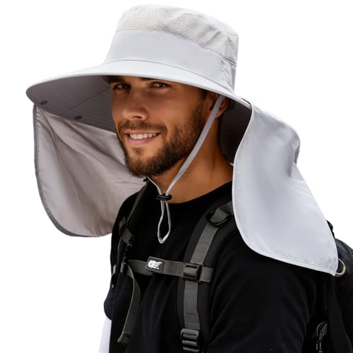 HUAMULAN Women Large Brim Sun Hat with Neck Flap, Men Quick Dry Hiking Fishing Safari Hat UPF 50+ - color: Light Gray With Mesh Panel