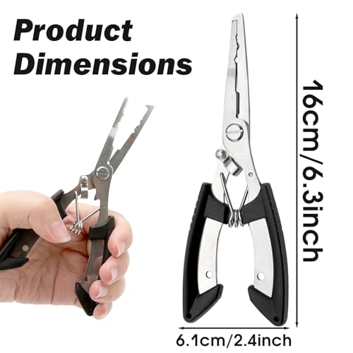 Stainless Steel Fishing Pliers with Braid Line Cutter and Split Ring Tip, Saltwater Resistant Fishing Tool for Men, Black, 7.8-Inch