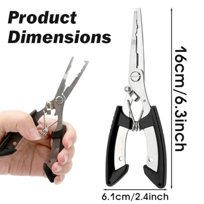 Stainless Steel Fishing Pliers with Braid Line Cutter and Split Ring Tip, Saltwater Resistant Fishing Tool for Men, Black, 7.8-Inch