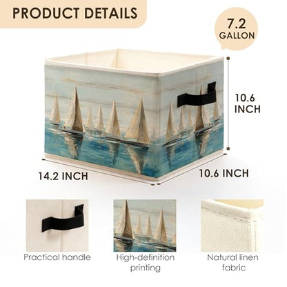 Sailboat Nautical Storage Bins Box with Handles, Coastal Beach Abstract Ocean Landscape Foldable Basket Toybox for Beach House Bedroom Bathroom Home Clothes Toys Books - color: color-7