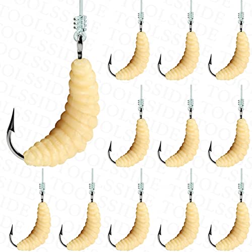 Rubber Maggots Fishing Bait #10 - Crappie Jigs, Fishing Maggots, Bulk Fishing Grubs for Trout, Crappie, Pan Fish, Bluegill, Fresh Water Fishing Lures Set (12 Hooks and 12 Worms)