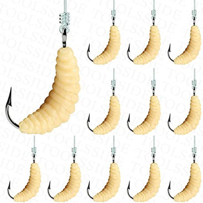 Rubber Maggots Fishing Bait #10 - Crappie Jigs, Fishing Maggots, Bulk Fishing Grubs for Trout, Crappie, Pan Fish, Bluegill, Fresh Water Fishing Lures Set (12 Hooks and 12 Worms)