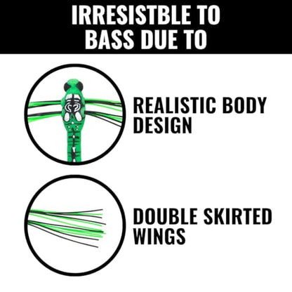 Lunkerhunt Dragonfly Lure | Most Realistic Topwater Insect Fishing Lures for Bass, Double Skirted Wings, Perfect Trouth and Pike Lure, Weedless Bait with Hooks for Outdoor Fishing Tools