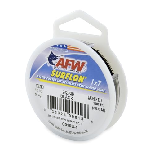 American Fishing Wire Surflon Nylon Coated 1x7 Stainless Steel Wire Leader - Wire Fishing Leader Line for Saltwater 10lb Up To 250lb Test in Bright, Black, Camo in 30ft, 100ft, 300ft, & 1000ft Lengths - color: Black, style: 100 Feet, 10 Pound Test