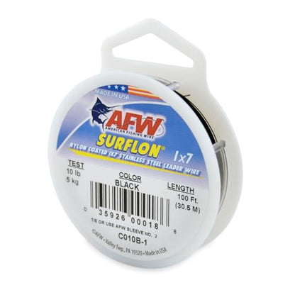American Fishing Wire Surflon Nylon Coated 1x7 Stainless Steel Wire Leader - Wire Fishing Leader Line for Saltwater 10lb Up To 250lb Test in Bright, Black, Camo in 30ft, 100ft, 300ft, & 1000ft Lengths - color: Black, style: 100 Feet, 10 Pound Test