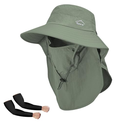 Rosoz Sun Hat for Men Women with Neck Flap,Wide Brim UPF50+ Fishing Hat with Detachable Face Cover Outdoor Sun Protection Hat - color: 1pack-green/Arm Sleeves