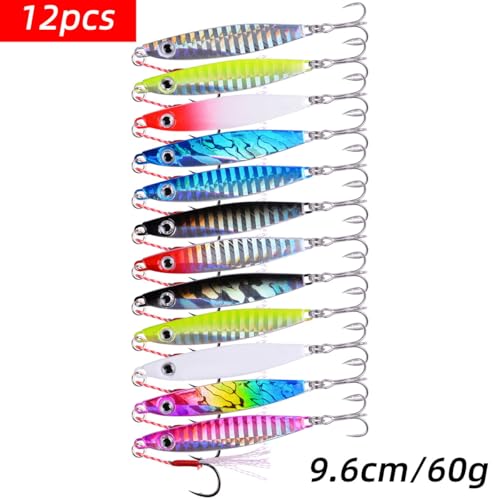 Aorace Jigging Lure Lead Fish Metal Jig Fishing Lure Paillette Knife Artificial Hard Bait Laser Body - color: 12pcs 60g 9.6cm