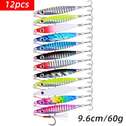 Aorace Jigging Lure Lead Fish Metal Jig Fishing Lure Paillette Knife Artificial Hard Bait Laser Body - color: 12pcs 60g 9.6cm