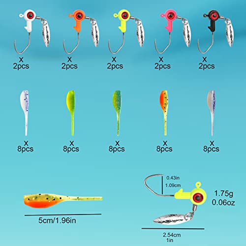 50pc Crappie Jigs Lure Set - 2in Bait, Jig Heads & Hooks for Versatile Fishing - color: A:10pcs 1/16 oz jigs and 40pcs lures