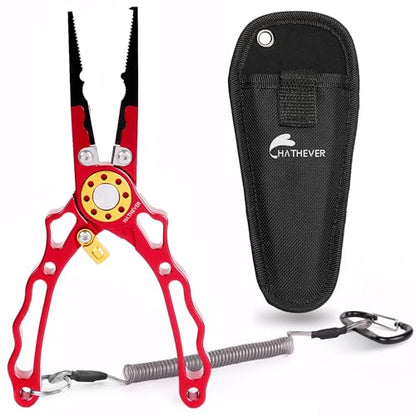 Fishing Pliers Saltwater, Split Ring Pliers Hook Remover with Safety Lock, Fishing Tools with Sheath and Lanyard, Fishing Gifts for Men - color: Red