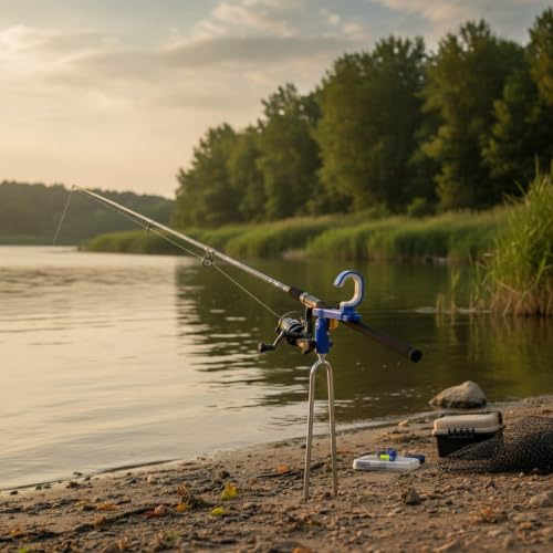 Fishing Rod Holder with Rotatable Head and Ground Spike, Foldable Metal Stake for Riverbank and Beach Angling - color: Blue