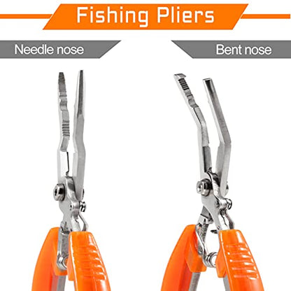 Fishing Pliers Needle & Bent Nose Stainless Steel Hook Remover Fishing scissors Fishings Line Cutter Split Ring Pliers Braid Cutter Multi-purpose Fishings Plier with Sheath and Lanyard