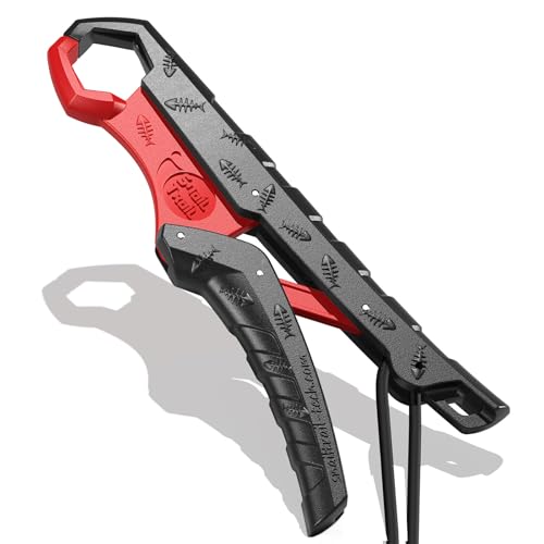 SNAIL TRAIL 7.5'' Floating Fish Gripper, Fishing Grabber | Catfish Mouth Pliers, Caught Bass Holder, Fish Scale Hook Clamp, Saltwater Lip Grip Tool with Lanyard, Gifts for Men - color: Black-red