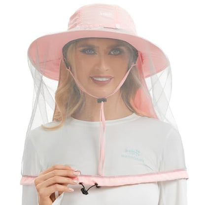 BASSDASH UPF 50+ Mosquito Sun Hat with Hidden Head Net and Neck Flap for Men Women Outdoor Fishing Hiking Camping - color: Pink
