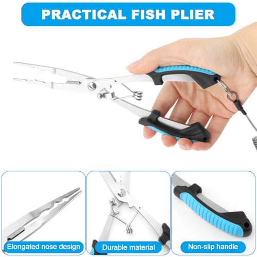 Stainless Steel Fishing Pliers and Fish Gripper Set with Sheath & Lanyard - Multifunctional Fishing Tool Kit for Saltwater Freshwater, Hook Remover, Line Cutter, Crimping - color: Blue