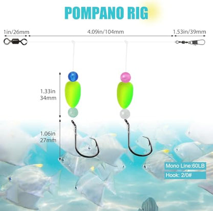 Pompano Rigs for Surf Fishing Saltwater Pre-Rigged Fishing Rigs with Floats Beads Double Circle Hook Surf Fishing Tackle 5/12/15PCS - color: chartreuse+orange/yellow-6pcs