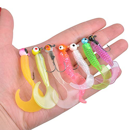 Soft Plastic Fishing Lures Grub Lures Jig Head Hooks Kit Crappie Jigs Grub Tail Worm Lure Tube Baits for Bass Trout Crappie Panfish Saltwater Freshwater Fishing - color: 17pcs Kit