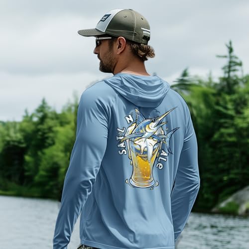 Palmyth Fishing Hoodie for Men Long Sleeve Sun Protection UV UPF 50+ Shirts - color: Airy Blue / Sail Ale, size: Large