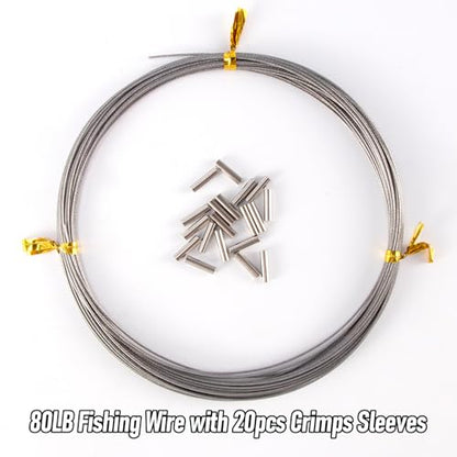 Alwonder 32.8ft Fishing Wire Fishing Leader Line with 20pcs Crimps Sleeves, Nylon Coated 1x7 Stainless Steel Leader Wire Freshwater Saltwater for Pike, Billfish, Bluefish, Muskie, Wahoo - size: 80LB