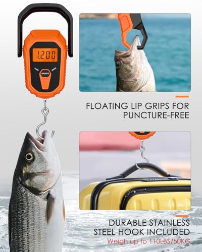 Digital Fishing Scale with Lip Gripper & Tape Measure, 110lb/50kg Waterproof Fish Weight Scale with LCD Display, Hanging Fish Weigher for Bass Fishing & Boat, Perfect Fishing Gifts for Men - color: Orange