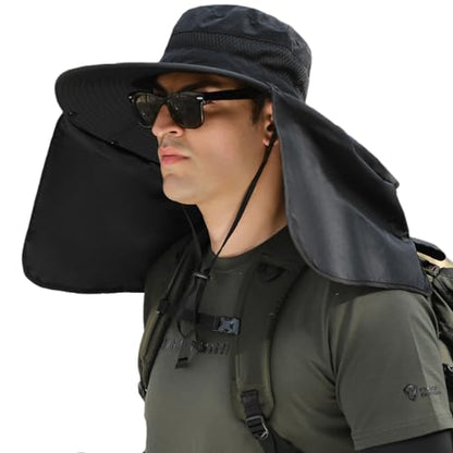 HUAMULAN Men Summer Sun Hat Women Safari Wide Brim Fishing Hats UV Protection Neck Flap Bucket Gardening Hiking Hunting Cap - color: Hyp016-black