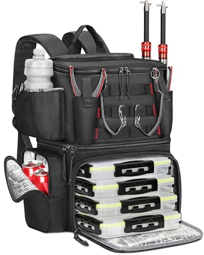 MATEIN Fishing Backpack with 4 Tackle Boxes, Fishing Bag with Rod Holder | 3600 Tackle Box 4 Pack, Water Resistant Tackle Backpack with Cooler Compartment, Safety Compass, Gifts for Fishermen - color: Black