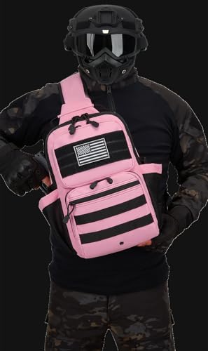 Tactical Sling Backpack Holster Range Shoulder Bag 15L Crossbody Bag Water Bottle Holder Radio Pouch 6 Elastic Slots - color: Pink