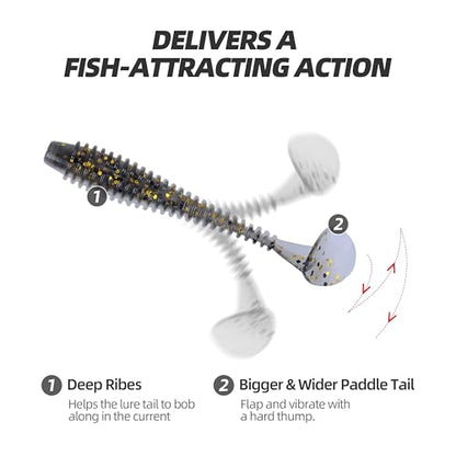 Paddle Tail Swimbaits 100/80/50PCS, 5/4/3/2 inch Soft Fishing Lures Bulk Pack – Durable Lifelike Action Lures for Bass, Trout, Crappie – Freshwater & Saltwater Fishing Gifts - color: Black-Gold, size: 5in, 50pcs