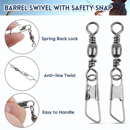 Fishing Swivels Snaps Rolling Barrel Swivels with Safety Snap High Strength Freshwater Saltwater Fishing Snap Swivels Fishing Tackle Accessories Lure Line Connector - style: 125pcs(4,6,8,10,12#)